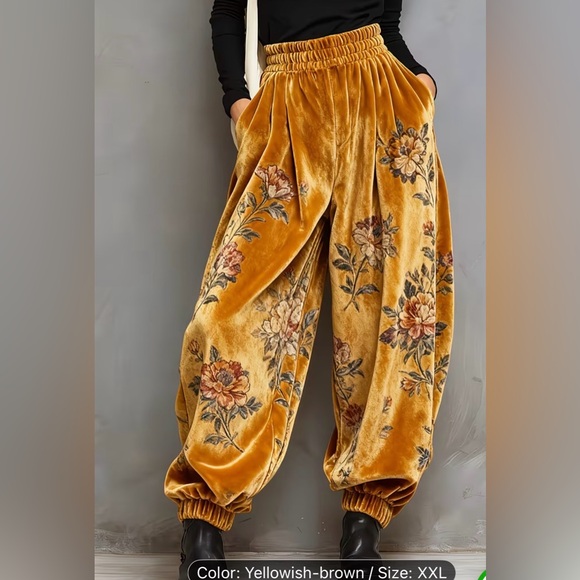 Scacto Pants - Floral High Waisted Velvet Wide-Leg Joggers in Dark Yellow Size 14